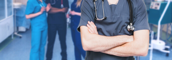 medicine professionals staff. people - doctor, nurse and surgeon. a group of faceless doctors. medical advertisement design. background wide promotional banner.