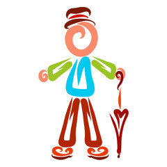 Elegant man in a hat with an umbrella in his hand, funny pattern