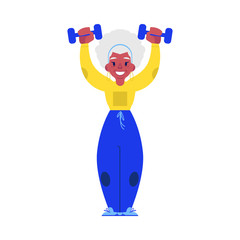 Vector flat elderly woman in sportsuit doing sport. Old female character working out with dumbbells. Grandmother at retirement, pension and healthy lifestyle.