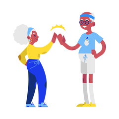 Vector flat elderly man and woman in sportsuit doing sport. Old male, female characters giving high five after training. Grandparents at retirement, pension and healthy lifestyle.
