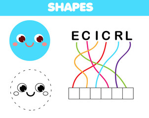 Words puzzle children educational game. Place letters in right order. Learning vocabulary and geometric shapes. Circle