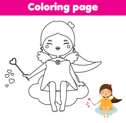 Coloring page. Educational children game. Color Christmas Valentines day Cupid angel. Drawing kids printable activity.