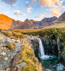Fototapeta na wymiar The Fairy Pools in front of the Black Cuillin Mountains on the Isle of Skye - Scotland
