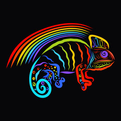 Colorful chameleon and rainbow on black background