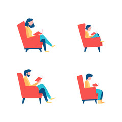 Four persons reading comfortably sitting in a chairs