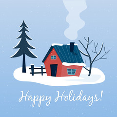 Fototapeta na wymiar Winter snowy landscape with country house. Happy holidays. Flat cartoon style vector illustration.