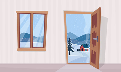 Window and door with winter landscape. Flat cartoon style vector illustration.