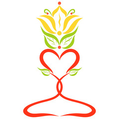 red hearts, foliage and yellow flower, decorative pattern