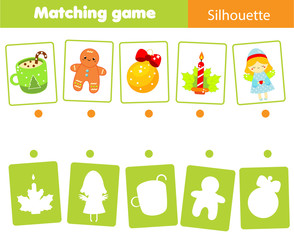 Matching game. Match Christmas objects with silhouette. Educational kids activity. New year theme fun page for toddlers
