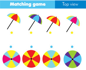 Matching game. Educational children activity with umbrella. Learning side and top view