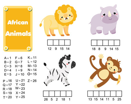 Complete the words children educational game. African animals. learning  vocabulary and numbers Stock Vector | Adobe Stock