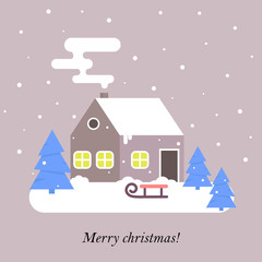 Winter scene with farm winter home with smoking chimney on rural background.Cartoon snow capped house landscape banner.