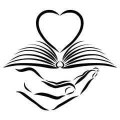 Hand holds open book and heart, black outline