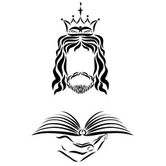 Jesus in the crown with a cross and a bird holding an open book in his hand