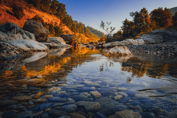 Amazing river landscape from Turkey.  Forest background at springtime. Beauty in nature and reflection of water.