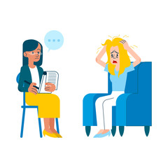 Vector psychotherapy session concept with adult woman mental therapist, psychiatrist asking questions, listening to tired female character with health problem, ruffling hair sitting at armchair