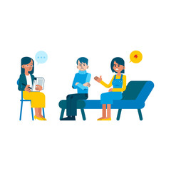 Vector family psychotherapy session concept with adult woman mental therapist, psychiatrist asking questions, listening to angry couple man, woman sitting at couch