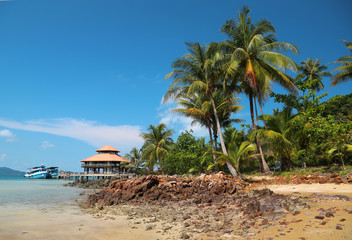 Beautiful view of the pier with ships on Koh Wai island, Thailand