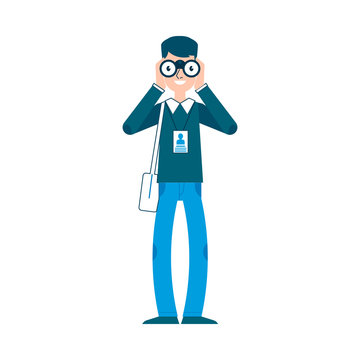 Vector yong man reporter paparazzi looking at binoculars seeking victim for interview or ohoto. Male journalist, television correspondent character illustration