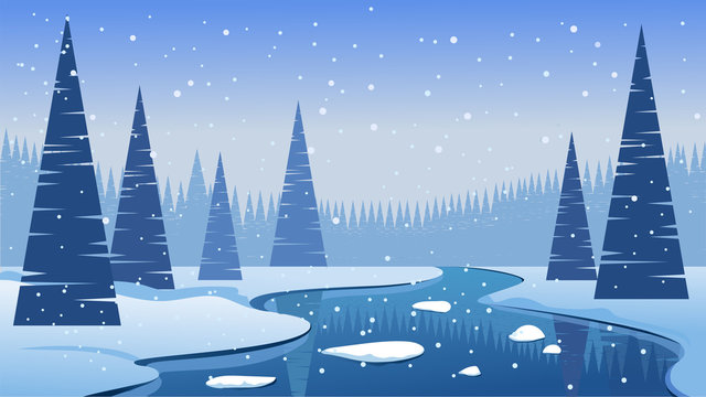 Winter. Landscape with stylized Christmas trees, snowdrifts and a river with ice. Snowfall. Frost. Vector image.
