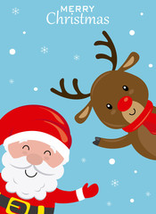 Fototapeta na wymiar Funny Christmas card Santa Claus and Reindeer.