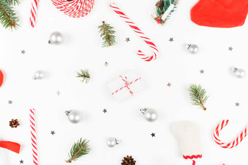 Collection of Christmas objects on a white background. Top view. Flat lay
