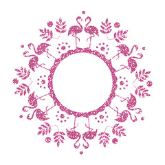 Pink Flamingo. Glitter Frame. Vector