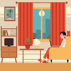Vector young man freelancer sitting in armchair with laptop working from home with cozy interior around. Freelance and distant job concept, male cahracter designer, programmer outsource work