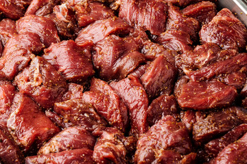 A lot of raw cut of mutton. restaurant and cooking concept