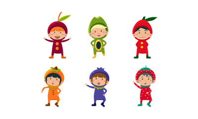 Kids in carnival clothes set, cute little boys and girls wearing fruits and berriess costumes, cherry, orange, blueberry, strawberry, papaya vector Illustration