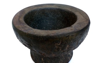 Black stone mortar.Kitchen Equipment.white background.