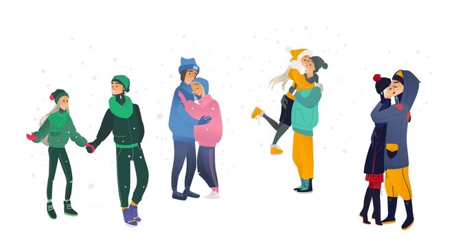 Vector illustration set of loving couples in winter season - young cartoon male and female characters in warm clothes walking, hugging and kissing under snowfall isolated on white background.