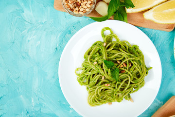 Italian pasta spaghetti with homemade basil pesto