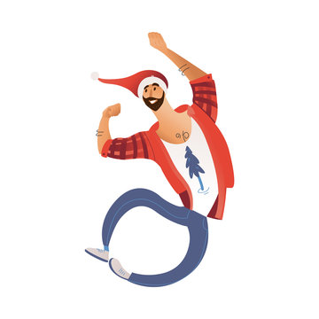 Vector cartoon cheerful young bearded man in santa hat in jeans having fun laughing jumping. Male character with positive emotions at christmas, new year party