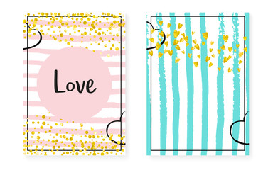 Wedding set with dots and sequins. Bridal shower invitation card with gold glitter confetti.