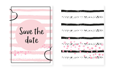 Wedding invitation set with dots and sequins. Bridal shower cards with pink glitter confetti.
