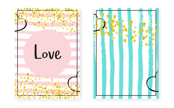 Wedding set with dots and sequins. Bridal shower invitation card with gold glitter confetti.