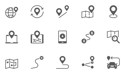 Navigation, Location and Map Vector Icons Set. Contains Map with a Pin, Route map, Navigator, Direction and more.