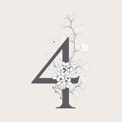 Vector Blooming Floral Number 4 Monogram and Logo