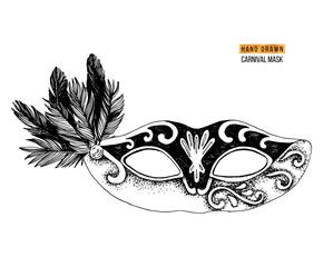 Hand drawn Venetian carnival mask with feathers