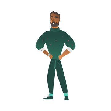 Vector cartoon cheerful african man with mustache, beard in warm green sweater standing with hands on waist waiting for event. Male character with positive emotions