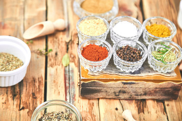 Seasoning background. Spice and herb seasoning with fresh and dried