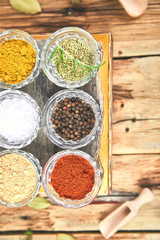 Flat lay of Seasoning background. Spice and herb seasoning with fresh and dried