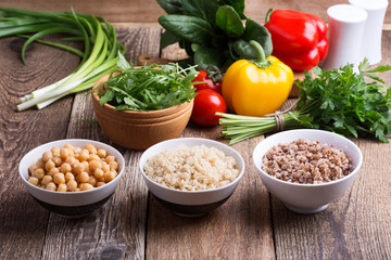 Selection of fresh  vegetables and cooked cereal, grains and legume