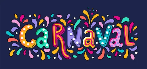 Deurstickers Vector Hand drawn Carnaval Lettering. Carnival Title With Colorful Party Elements, confetti and brasil samba dansing © Irina