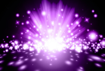 Dark purple sparkle rays lights with bokeh elegant show on stage abstract background. Dust sparks...