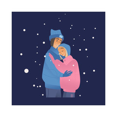 Vector illustration of young couple hugging under snowfall at night in winter time - romantic scene of happy cartoon male and female characters in warm clothes embracing outdoor in cold season.
