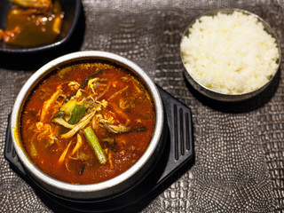 top view of Yukgaejang (spicy beef soup)