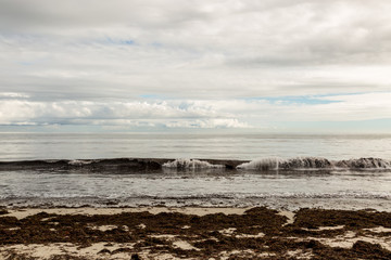 Seaweed covered beach with one wave coming in and heavy cloud cover