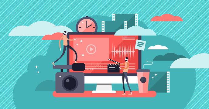 Video editor vector illustration, flat mini person concept with online video production